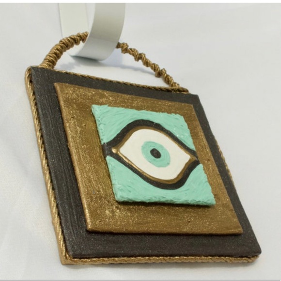 Evil Eye Painting Teal BlueShimmering Black Metallic Bronze Canvas Gold Rope - Picture 7 of 8